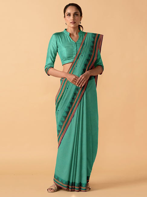 TANEIRA Green Cotton Saree With Blouse Price in India