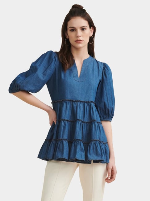 Femella Blue Elbow Sleeves Top