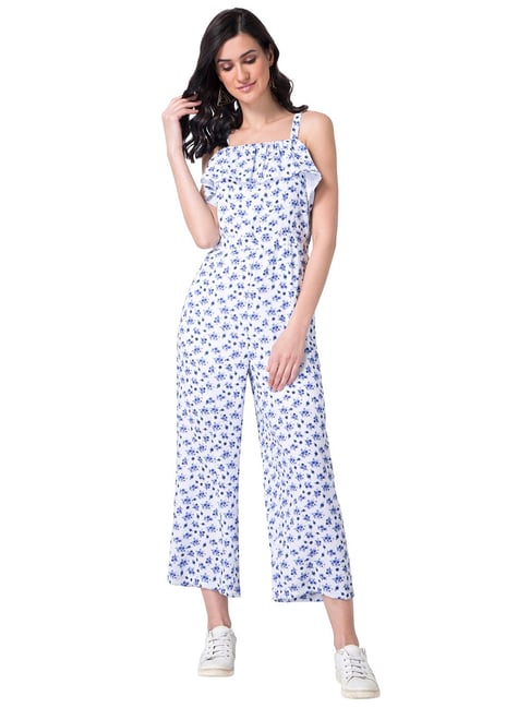 FabAlley White & Blue Floral Print Jumpsuit