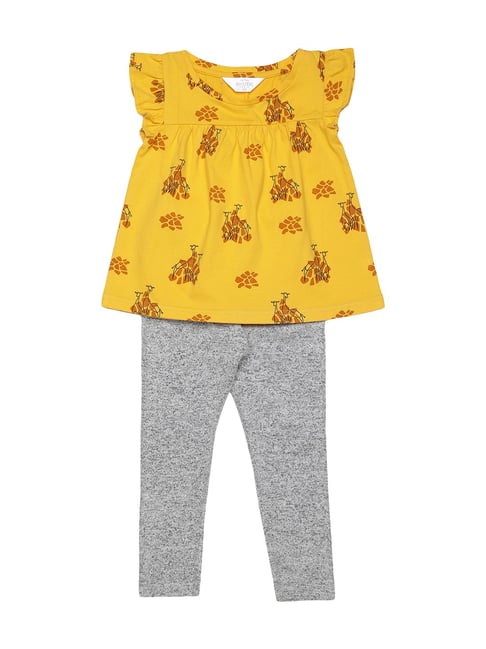 Mystere Paris Kids Yellow & Grey Cotton Printed Top & Leggings