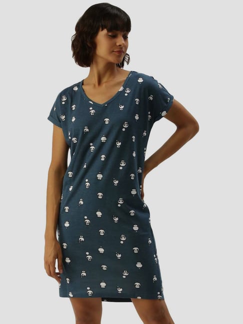 Slumber Jill Blue Cotton Printed Night Dress