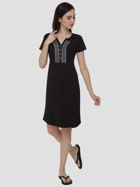 Slumber Jill Black Cotton Embroidered Night Dress