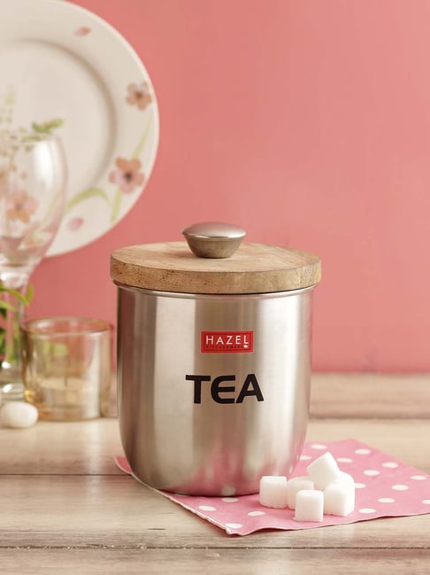 HAZEL Silver Stainless Steel Storage Jar with Wooden Lid (1325 ml) Set of 