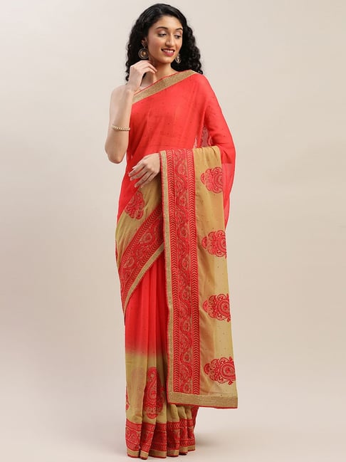 Soch Red & Beige Embellished Saree With Unstitched Blouse Price in India