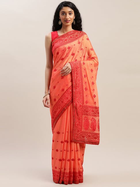 Soch Orange Embroidered Saree With Unstitched Blouse Price in India