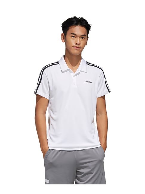 Adidas M D2M AR 3S White & Black Striped Polo T-Shirt