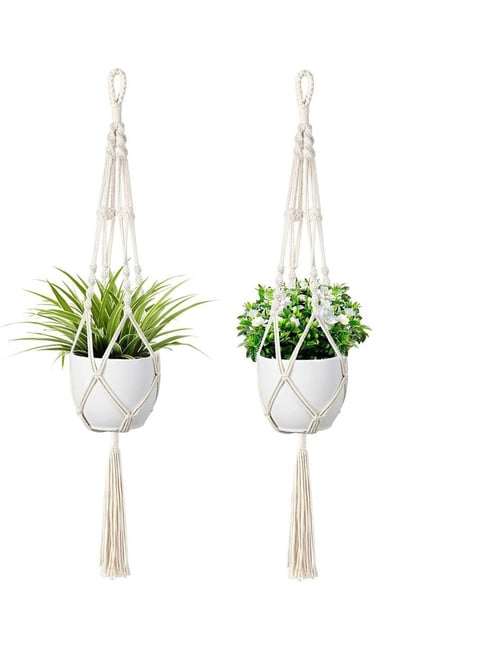 MODERN HOMES White Handmade Macrame Cotton Plant Hangers - Set of 2