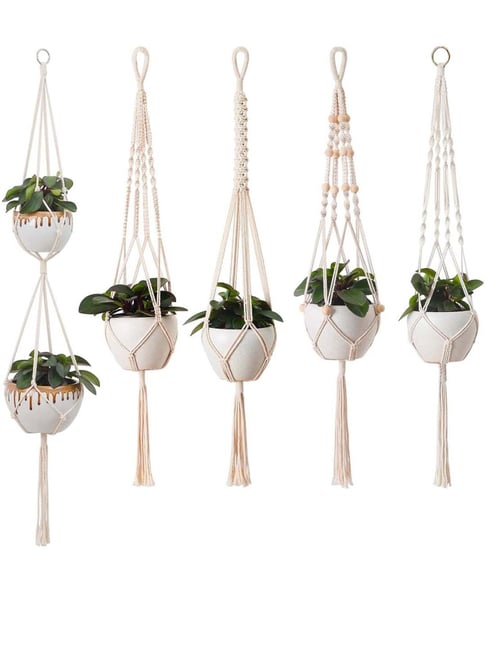 MODERN HOMES White Handmade Macrame Cotton Plant Hangers - Set of 5