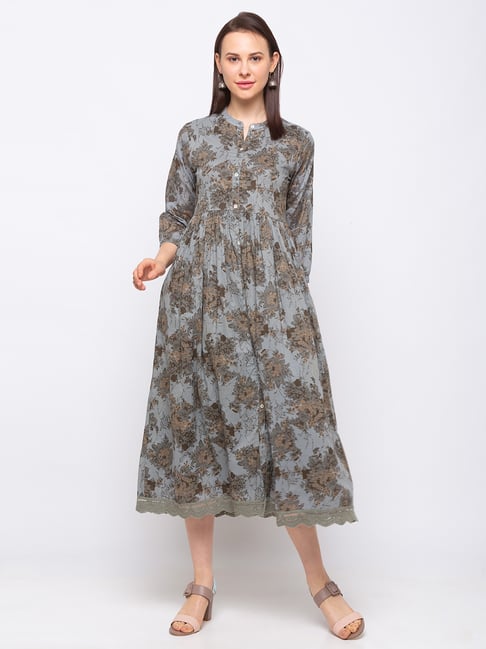 Ethnicity Grey Printed Maxi Dress Price in India