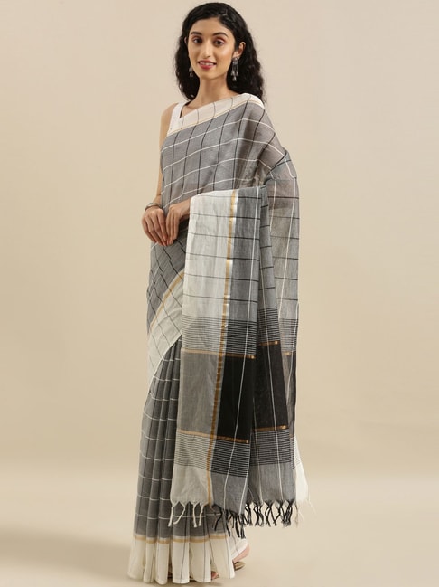The Chennai Silks Grey Cotton Chequered Saree With Unstitched Blouse Price in India