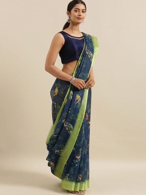 The Chennai Silks Navy Printed Saree With Unstitched Blouse Price in India