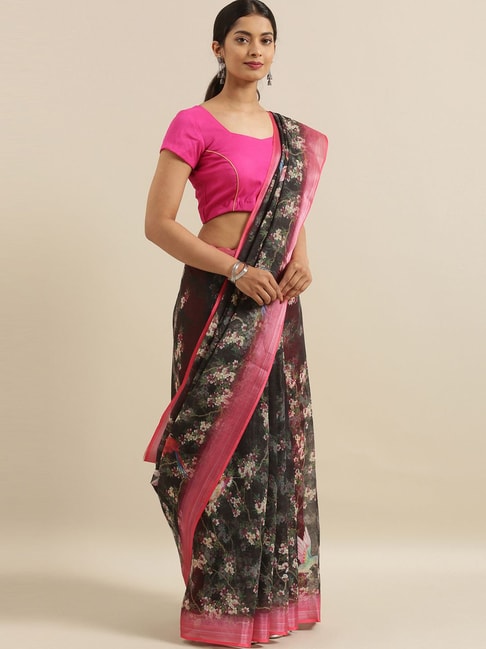 The Chennai Silks Grey Floral Print Saree With Unstitched Blouse Price in India