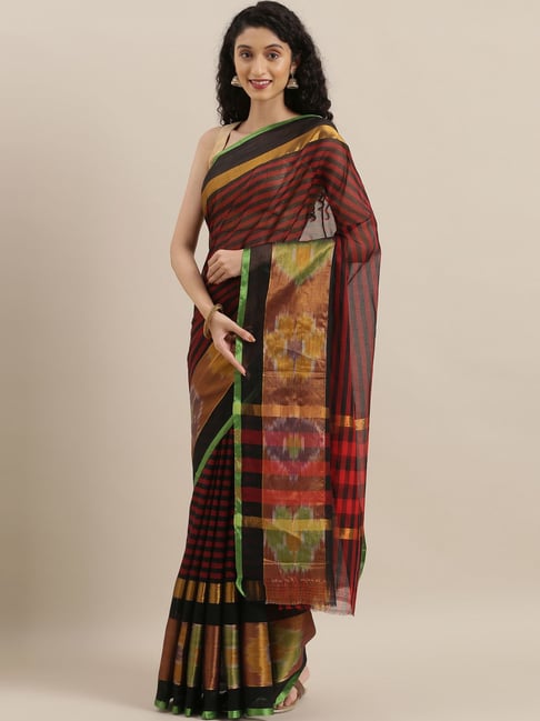 The Chennai Silks Black & Red Cotton Striped Saree Price in India