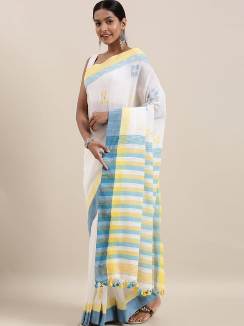 The Chennai Silks Off-White Linen Woven Saree With Unstitched Blouse
