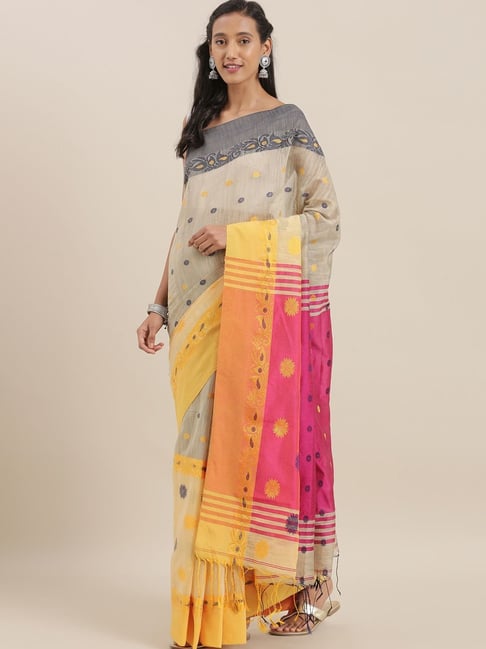 The Chennai Silks Grey & Yellow Linen Woven Saree With Unstitched Blouse Price in India