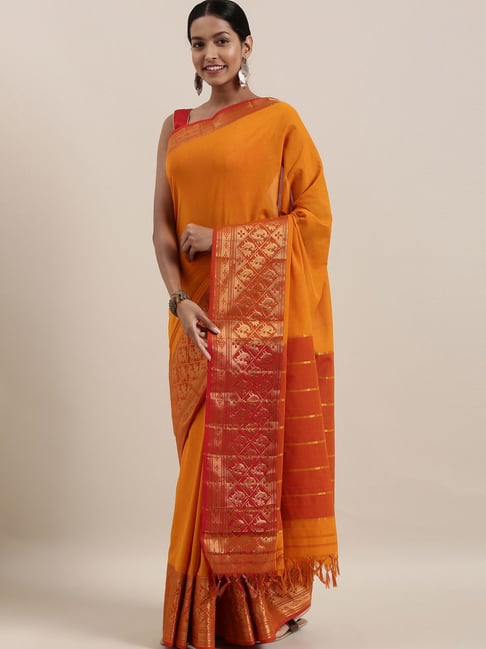 The Chennai Silks Orange Cotton Saree With Unstitched Blouse Price in India