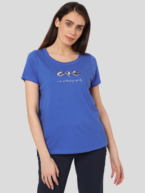 Vero Moda Blue Cotton Printed T-Shirt