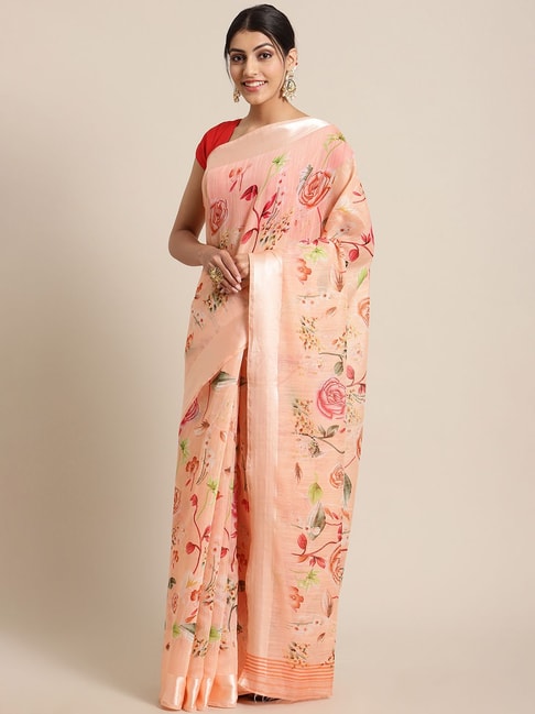 KSUT Peach Floral Print Saree With Unstitched Blouse Price in India
