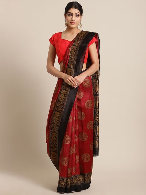 KSUT Red & Black Woven Saree With Unstitched Blouse Price in India