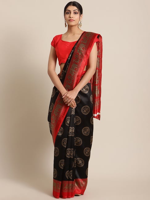 KSUT Black & Red Woven Saree With Unstitched Blouse Price in India