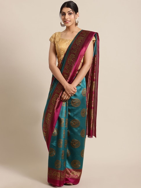 KSUT Turquoise Woven Saree With Unstitched Blouse Price in India