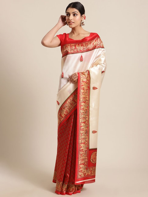 KSUT Red & Off-White Woven Saree With Unstitched Blouse Price in India