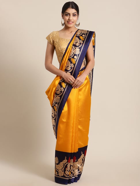 KSUT Mustard & Purple Printed Saree With Unstitched Blouse Price in India