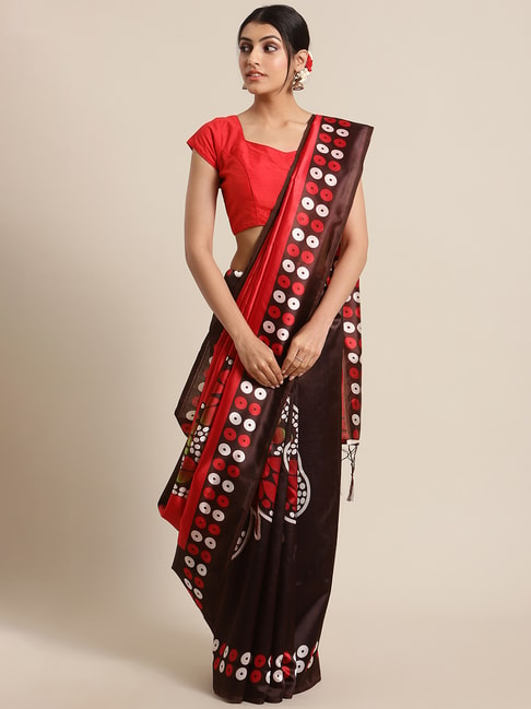 KSUT Red Printed Saree With Unstitched Blouse Price in India