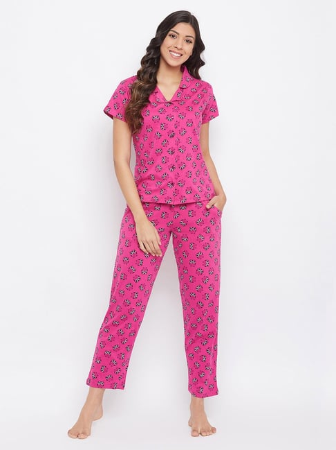 Clovia Purple Printed Shirt With Pyjama Set-picture-22