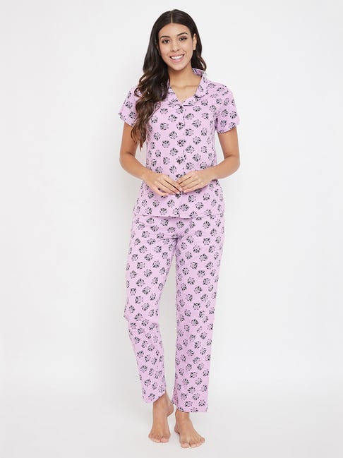 Clovia Purple & Black Printed Shirt With Pyjama Set