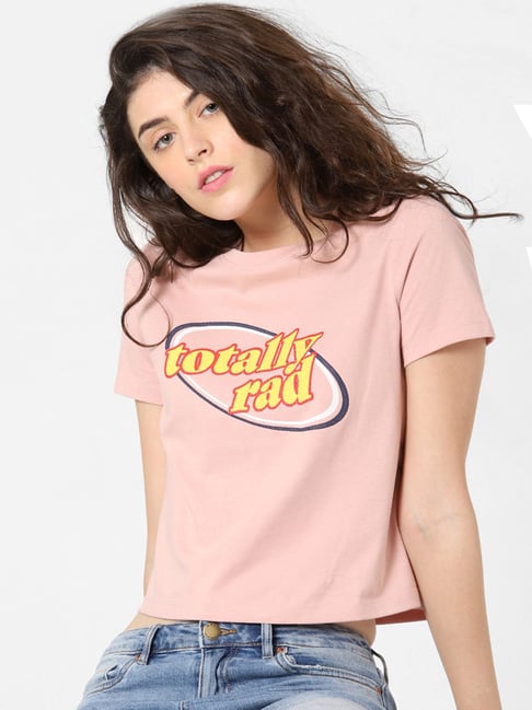 Only Pink Cotton Printed T-Shirt