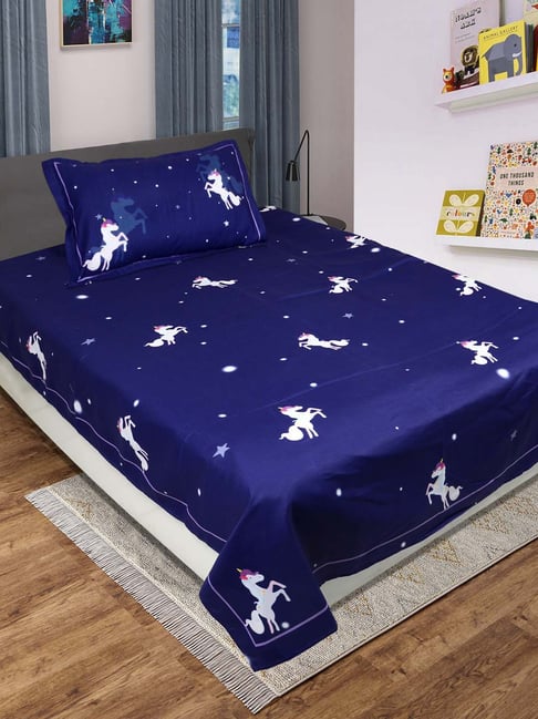 Saral Home Unicorn Navy Polyester 200 TC Kids Bed Linen Set