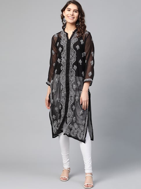 Saadgi Black Chikankari Embroidered Kurta Price in India