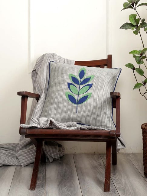 Maspar Patchy Leaf Blue & Grey Cotton Cushion Cover - Set of 1-picture-37