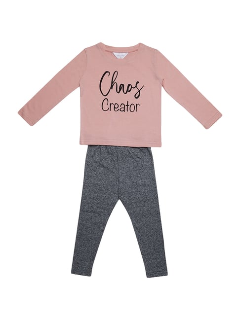 Mystere Paris Kids Pink & Grey Cotton Printed T-Shirt & Leggings