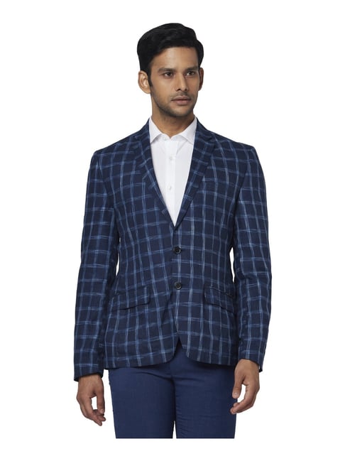 Buy Park Avenue Navy Cotton Slim Fit Checks Blazer for Mens Online