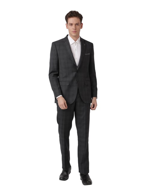 Park Avenue Dark Grey Regular Fit Checks Two Piece Suit