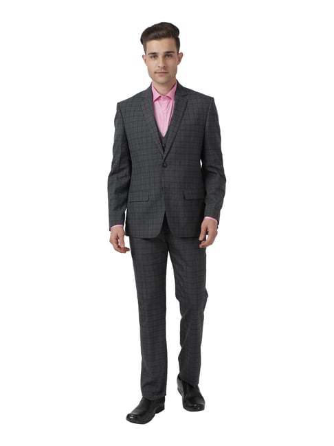 Park Avenue Dark Grey Regular Fit Checks Three Piece Suit