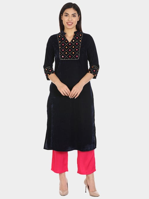 Mustard Navy Embellished Straight Kurta-picture-33