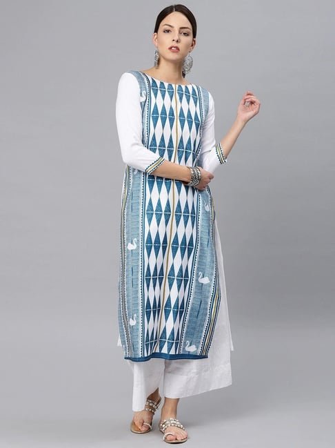 Vaamsi White & Blue Printed Straight Kurta