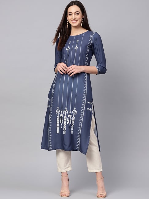 Vaamsi Blue Printed Straight Kurta