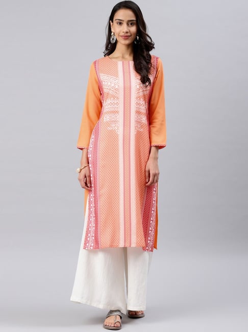 Vaamsi Orange Printed Straight Kurta