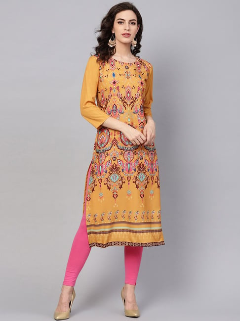 Vaamsi Mustard Printed Straight Kurta