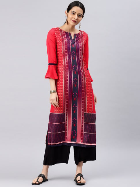 Vaamsi Red & Purple Printed Straight Kurta