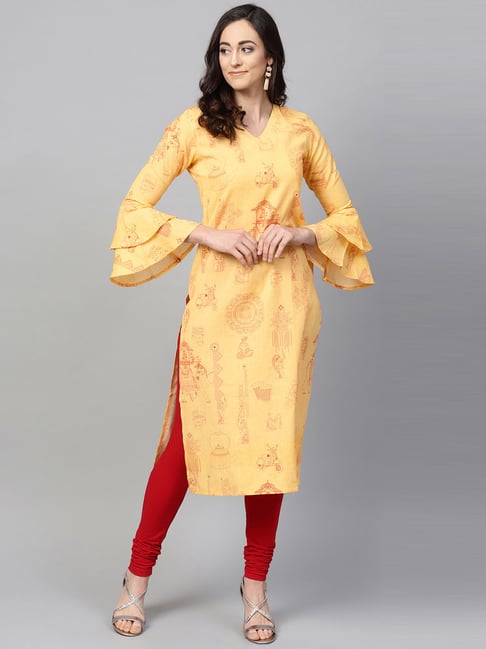 Vaamsi Yellow Cotton Printed Straight Kurta