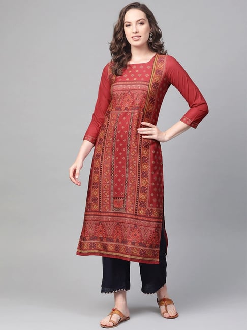 Vaamsi Red Printed Straight Kurta