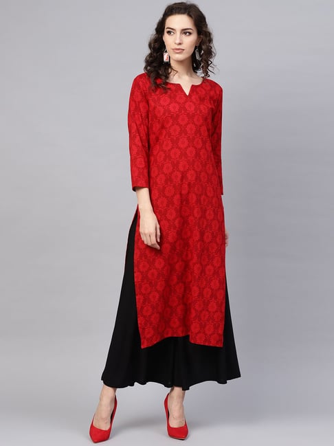 Vaamsi Red Cotton Printed Straight Kurta