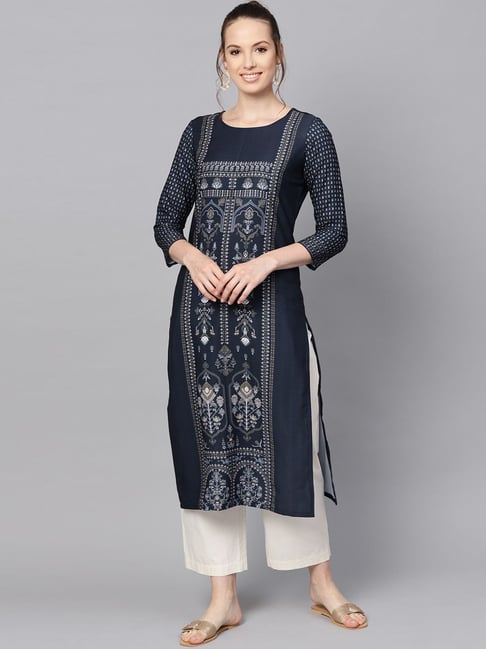 Vaamsi Blue Printed Straight Kurta