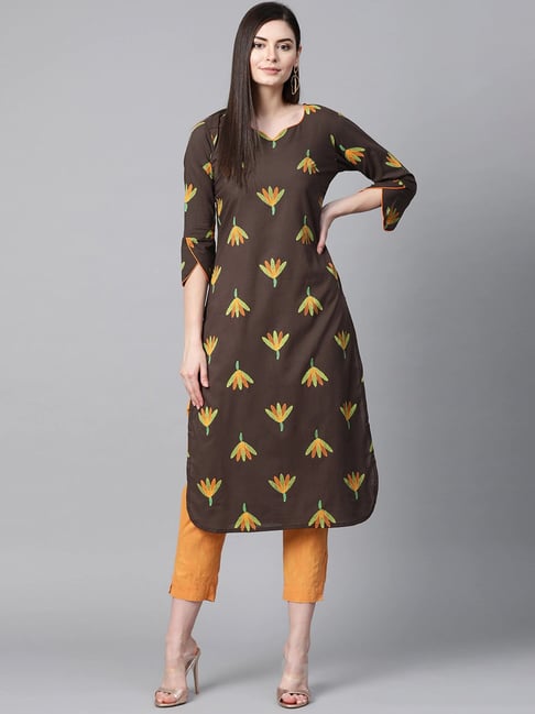 Vaamsi Brown Cotton Printed Straight Kurta