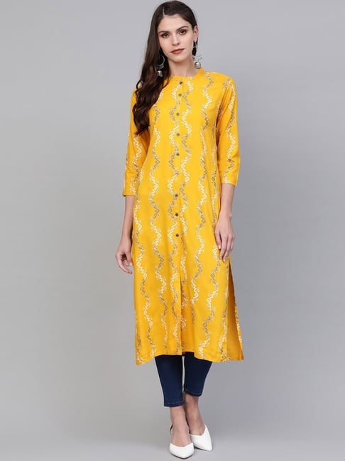 Vaamsi Yellow Cotton Printed Straight Kurta